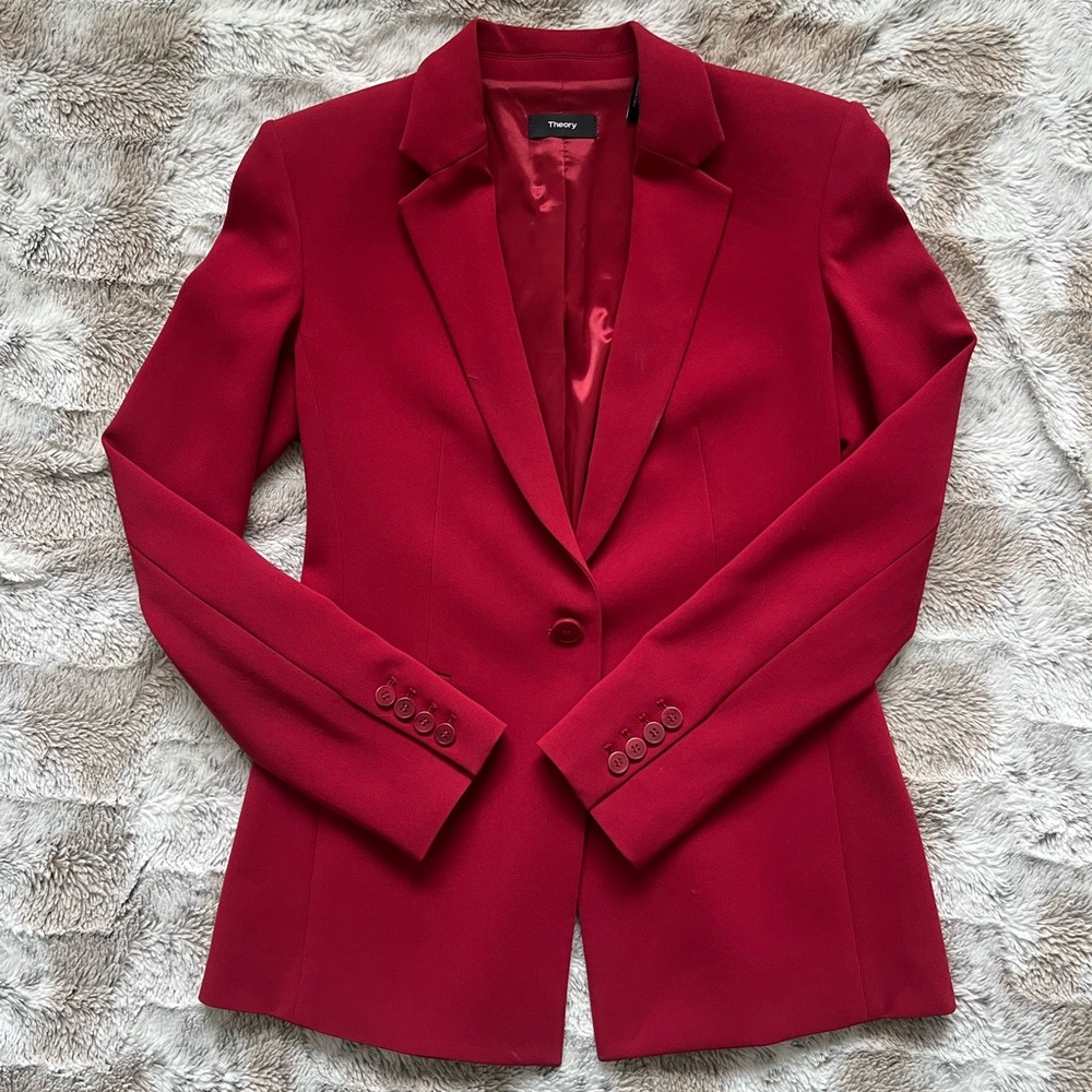 Theory Crepe Power Jacket in Bright Raspberry, size 4